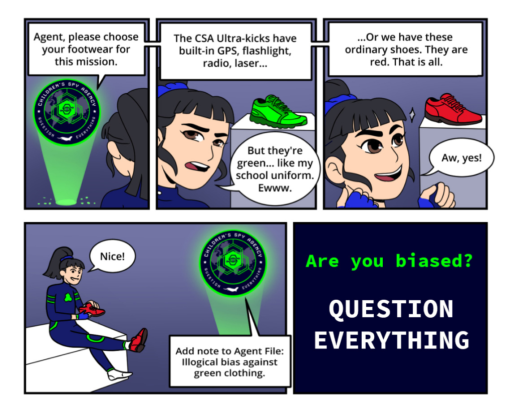 Comic page of an agent explaining biases